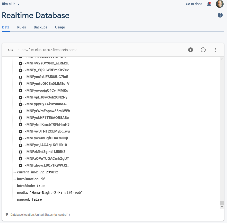 Firebase database showing shared currentTime, introMode, and paused values.