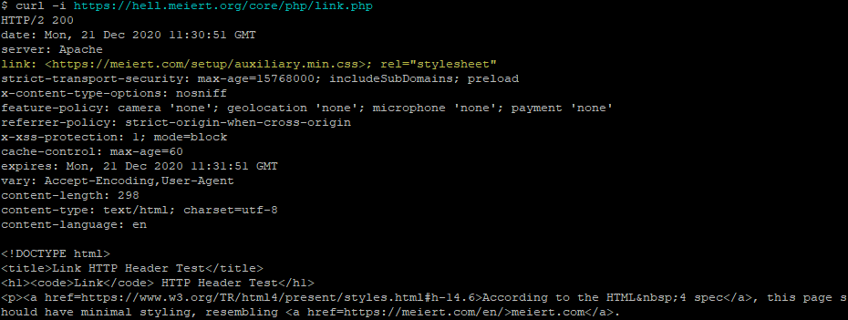 Bash shell running the command "curl -i https://hell.meiert.org/core/php/link.php". The response includes a HTTP Link: header referencing a CSS stylesheet; this is highlighted.