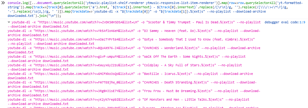 Code running in a debugger and producing a list of youtube-dl commands to download a playlist full of music.