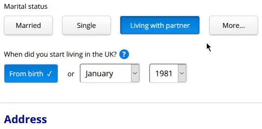 Animation of marital statuses: clicking "More..." shows a dropdown instead of more buttons.