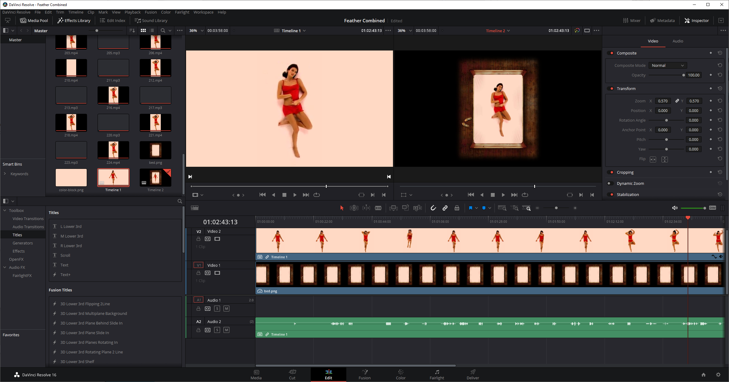 Davinci Resolve showing composition of the actress onto the bed in a timeline.