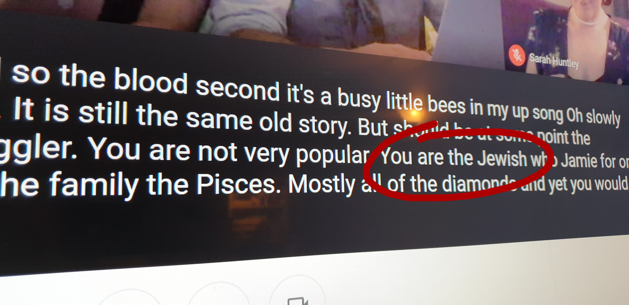 Full image of Google Meet transcript with the words "You are the Jewish", which nobody said.
