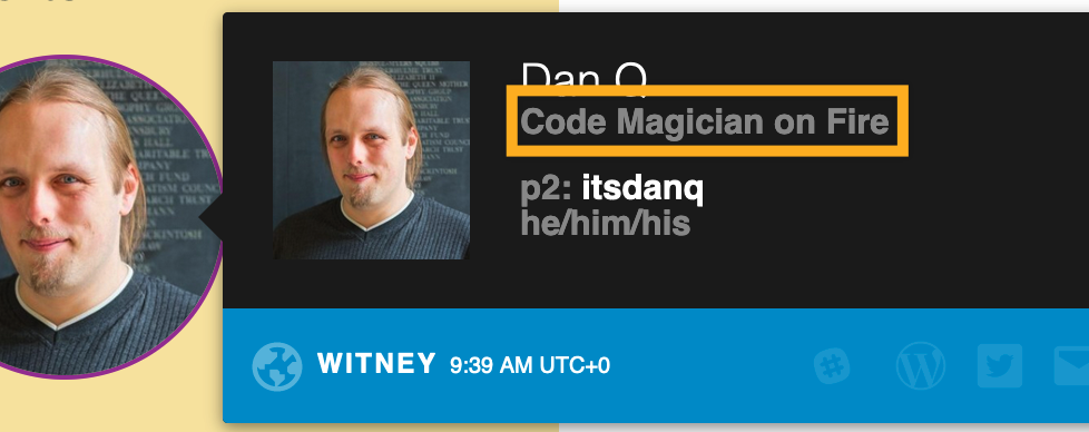 P2 user badge for me, showing my job title and team as "Code Magician on Fire"