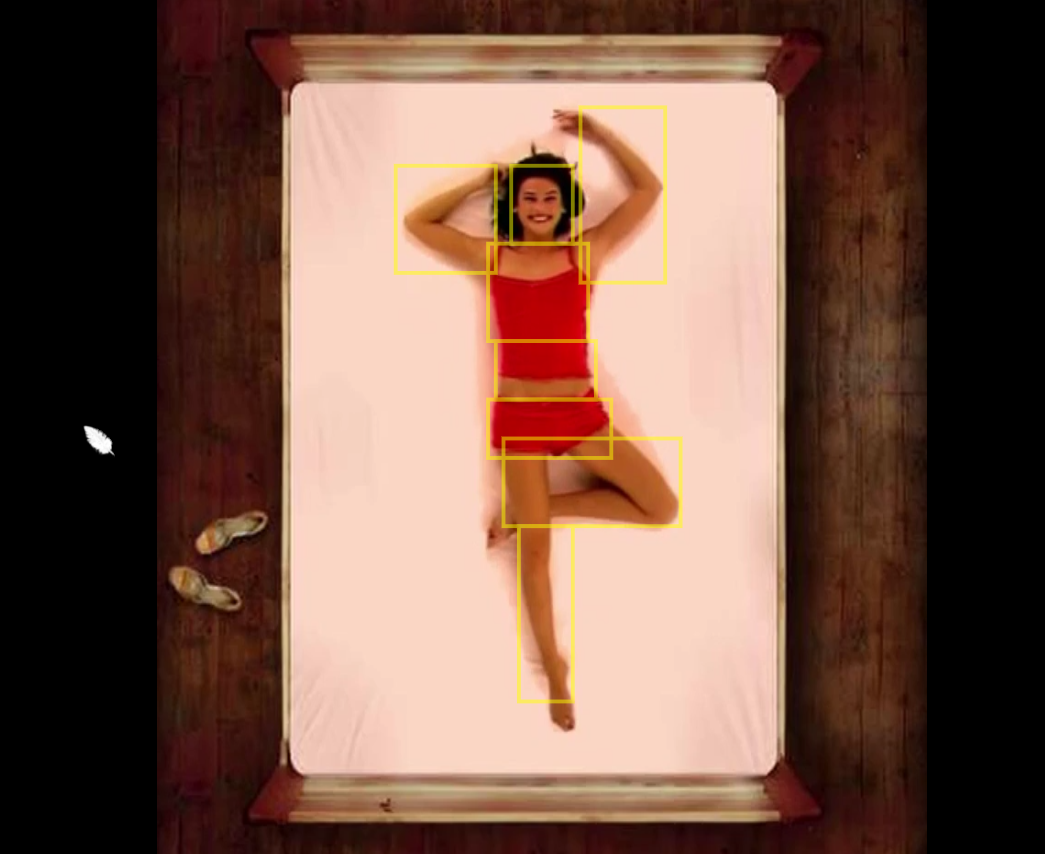 Woman on bed in idle position B, with hotspots highlighted on each arm, her hed, her chest, her stomach, her hips, the top of her legs, and the bottom of the leg that's extended straight below her.