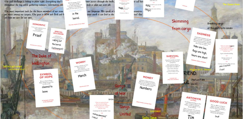 Thieves' Cant tableau at the end of a game of Dialect, with cards strewn around the table.