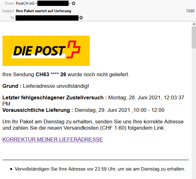 Email, reading: Ihre Sendung CH63 **** 26 wurde noch nicht geliefert.