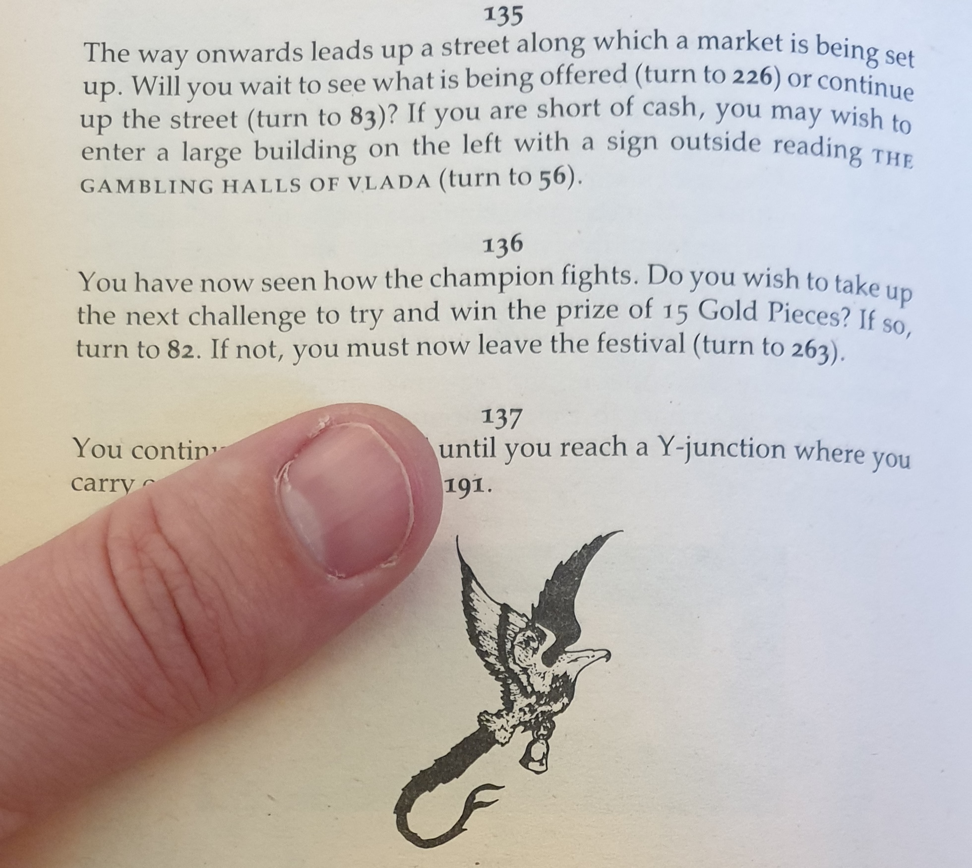 Full image of Thumb in the page of a Sorcery choose-your-own-adventure gamebook.
