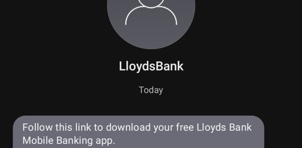 Text message: "Follow this link to download your free Lloyds Bank Mobile Banking app. http://www.lloydsbank.com/mobileapp"