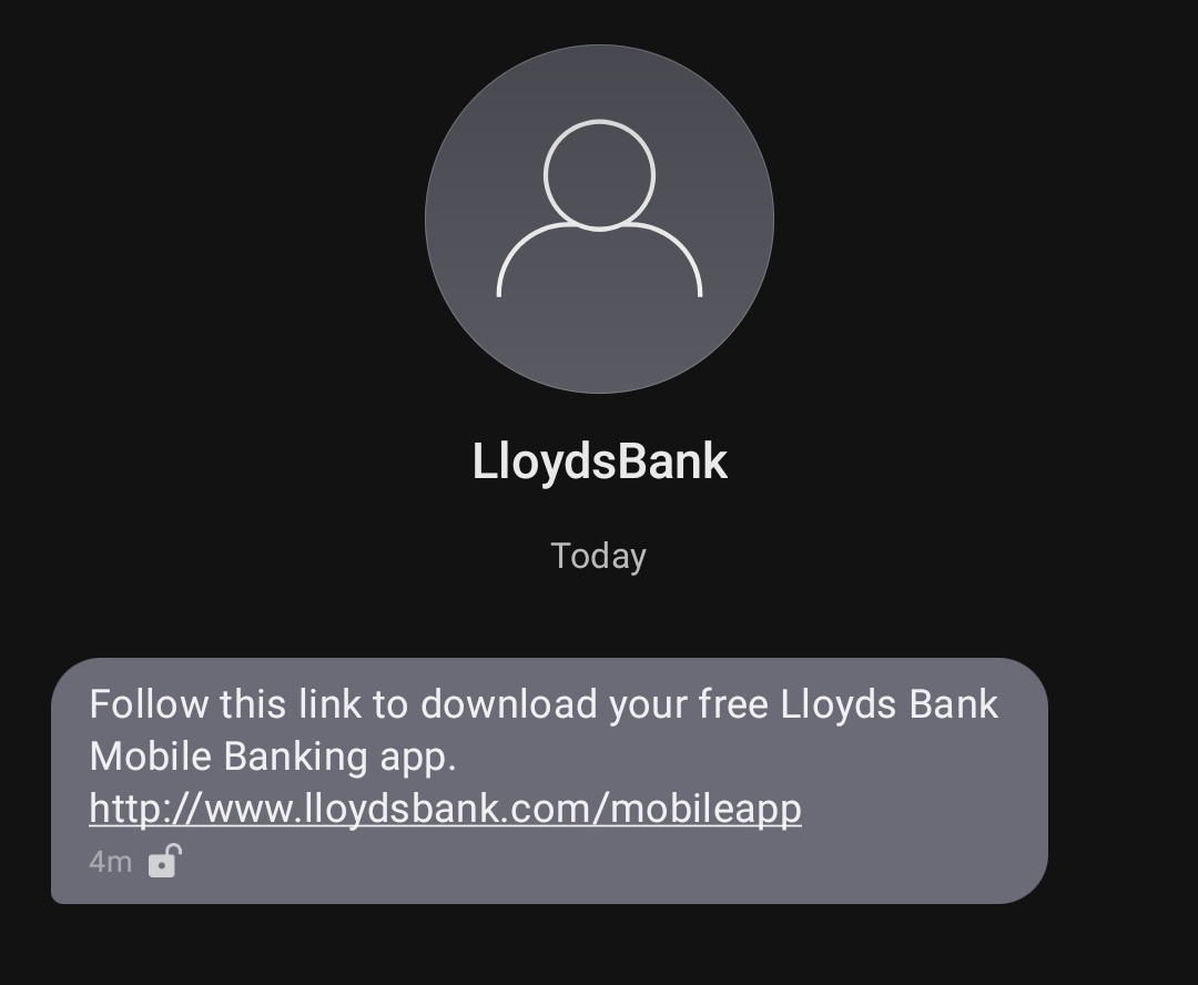 Full image of Text message: "Follow this link to download your free Lloyds Bank Mobile Banking app. http://www.lloydsbank.com/mobileapp"