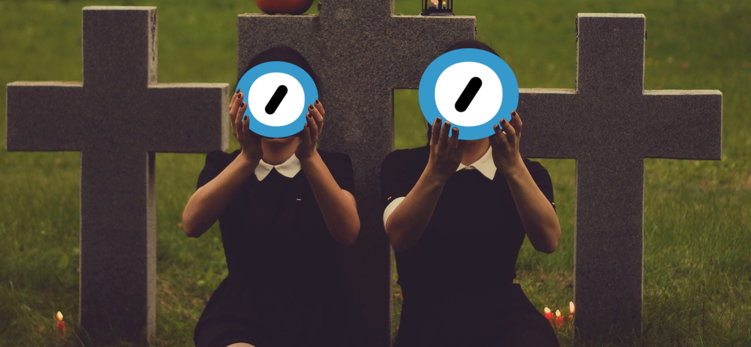 Full image of Two women in black dresses sit in a graveyard by candlelight and hold up the Automattic logo. Edited image based on original photo by Valeria Boltneva from Pexels (used with permission) and the Automattic logo (used under the assumption that they won't mind, given the context).