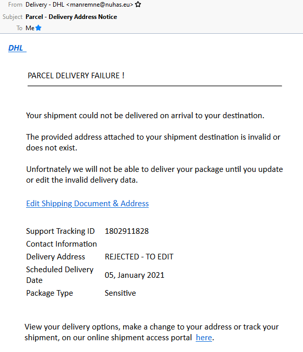 "DHL" scam email encouraging you to click a link to arrange redelivery.