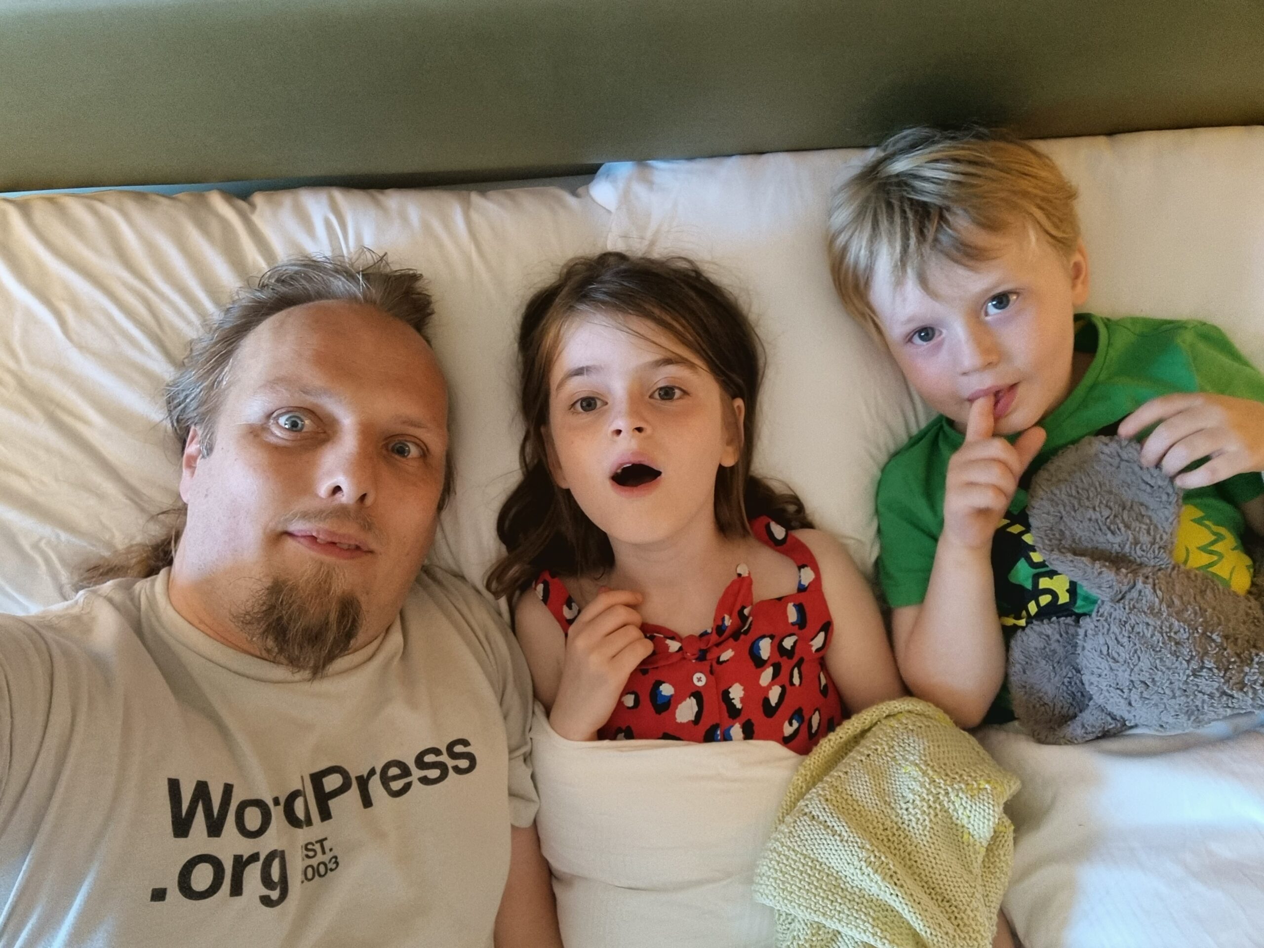 Full image of Dan and the kids in a bed at a hotel.