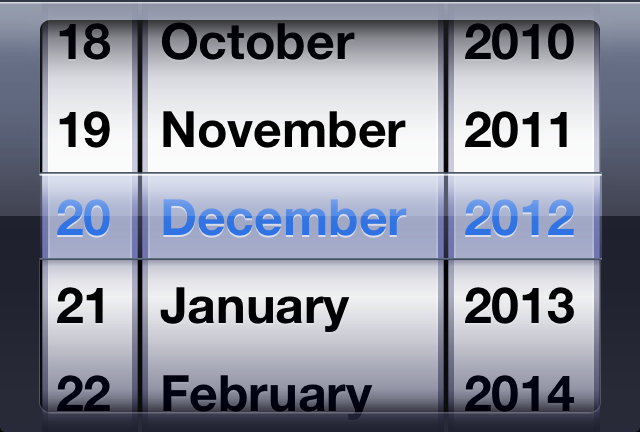 Date "spinner" currently showing 20 December 2012.