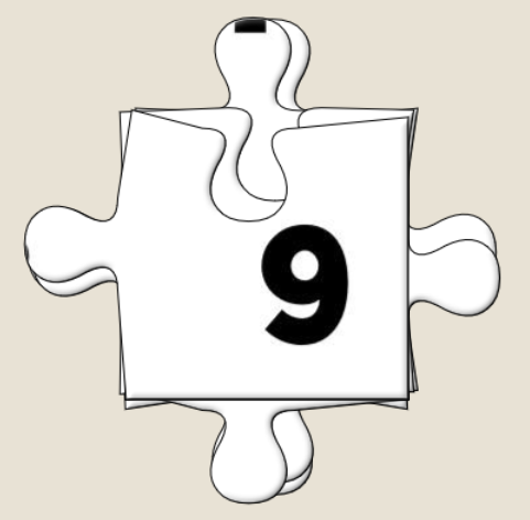 An unshuffled stack of pieces from the nine-piece jigsaw. Piece number nine is on top of the stack.
