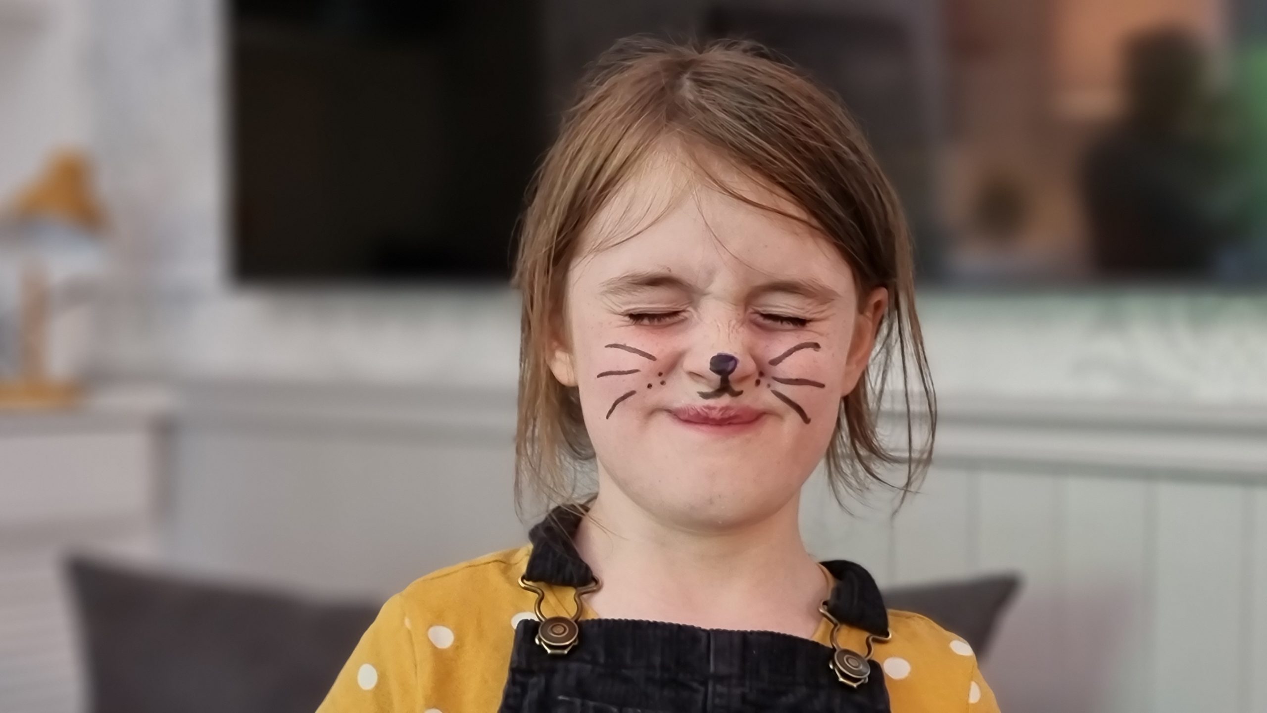 Full image of A girl with felt-tip whiskers drawn on to look like a cat.