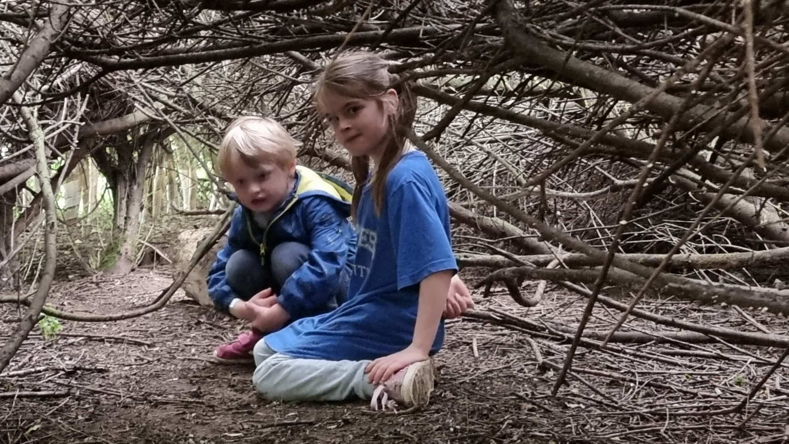Full image of Two children crawl through a den of sticks.