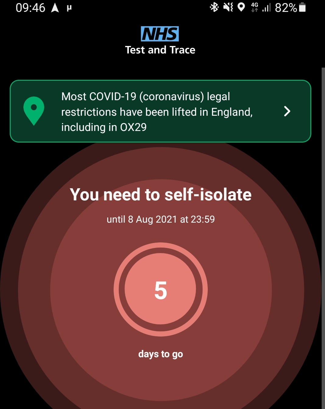 Full image of Screenshot from the NHS Covid App: "You need to self-isolate."