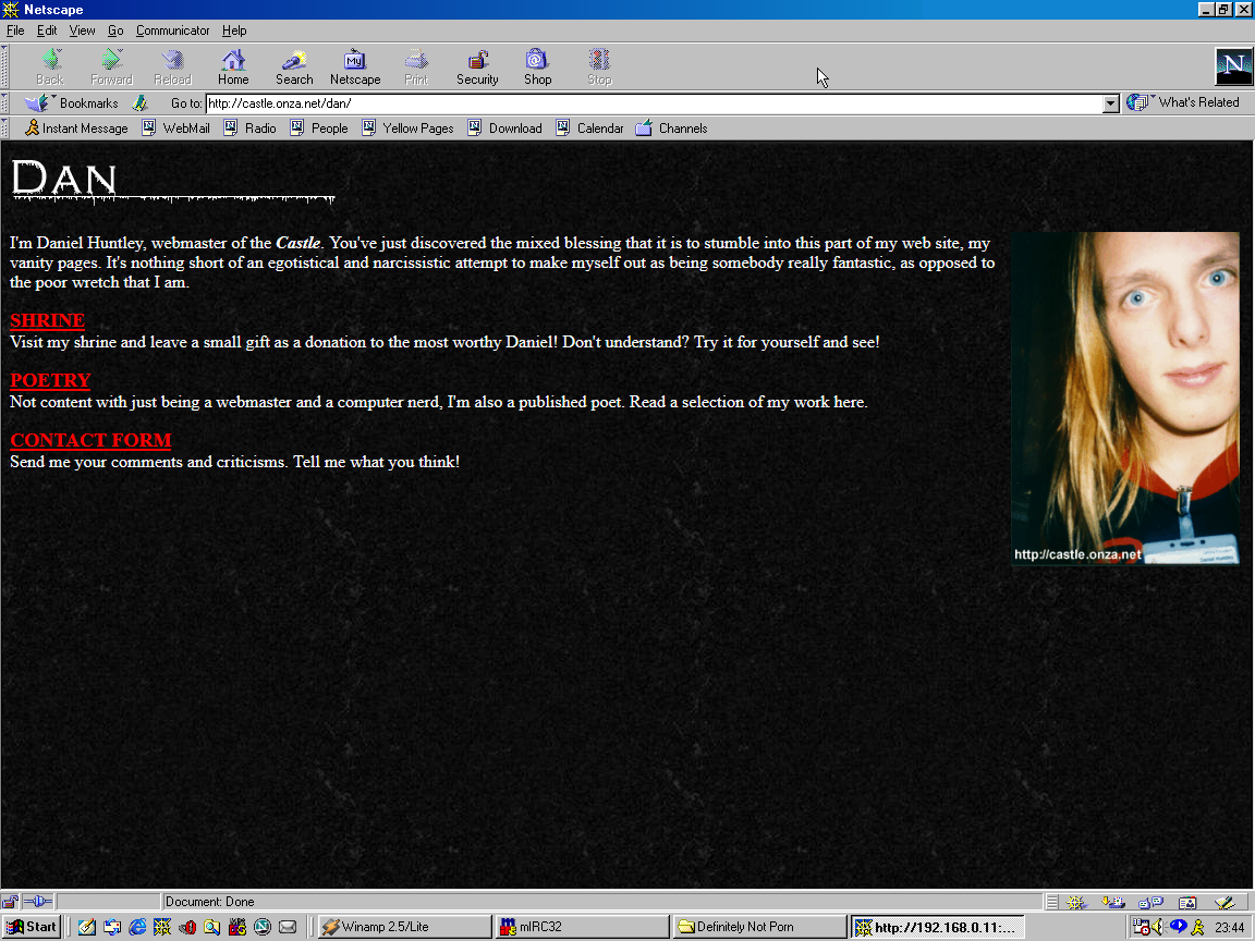 Full image of Screenshot showing Netscape Communicator running on Windows 98, showing Dan's vanity page circa 1999.