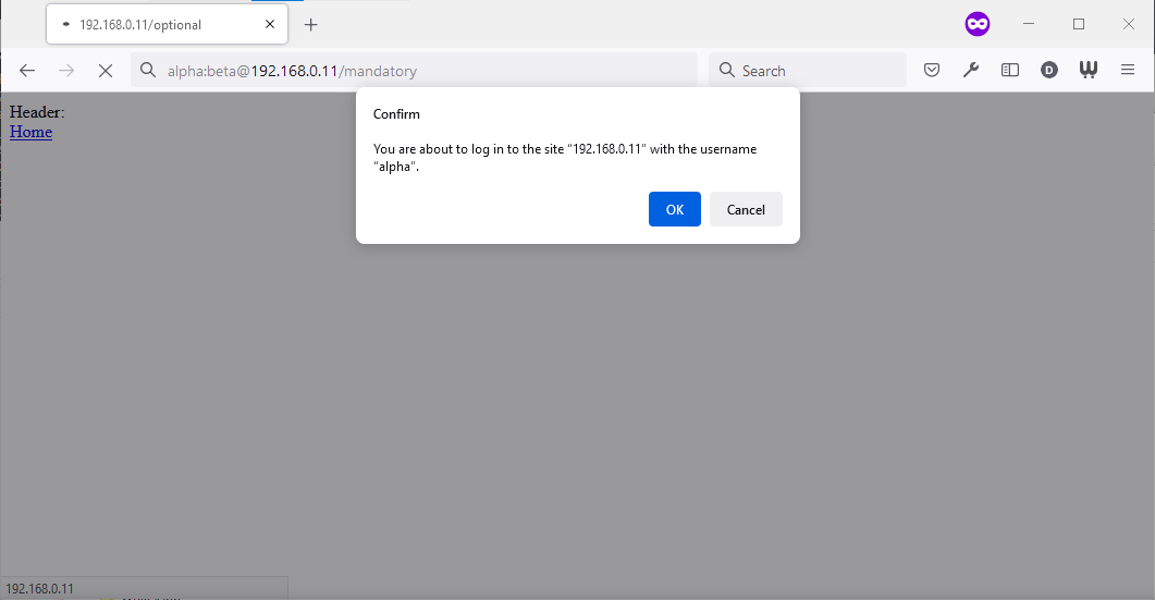 Full image of Firefox dialog reading "You are about to log in to the site 192.168.0.11 with the username alpha".