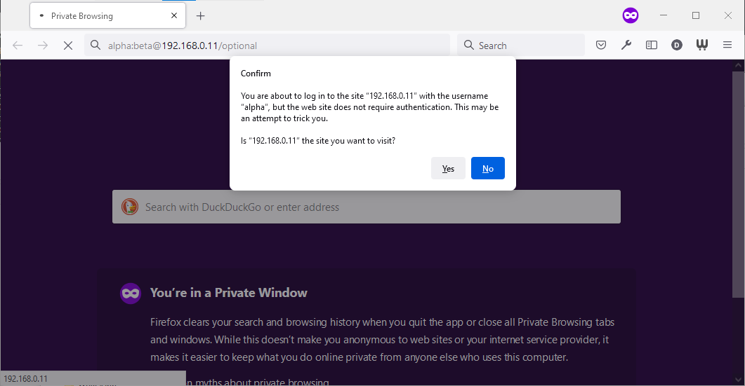 Full image of Firefox window with popup reading "You are about to log in to the site 192.168.0.11 with the username alpha, but the web site does not require authentication. This may be an attempt to trick you."
