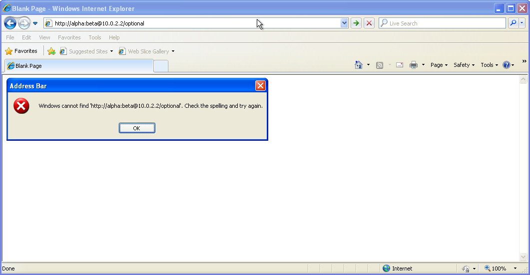 Full image of Internet Explorer 8 showing the error message "Windows cannot find http://alpha:beta@10.0.2.2/optional. Check the spelling and try again."