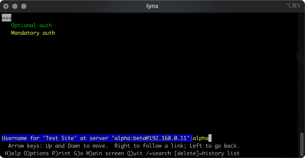 Full image of Lynx browser following a link from an optional-authentication to a mandatory-authentication page. The browser prompts for a username but it's pre-filled with the one provided by the URL.