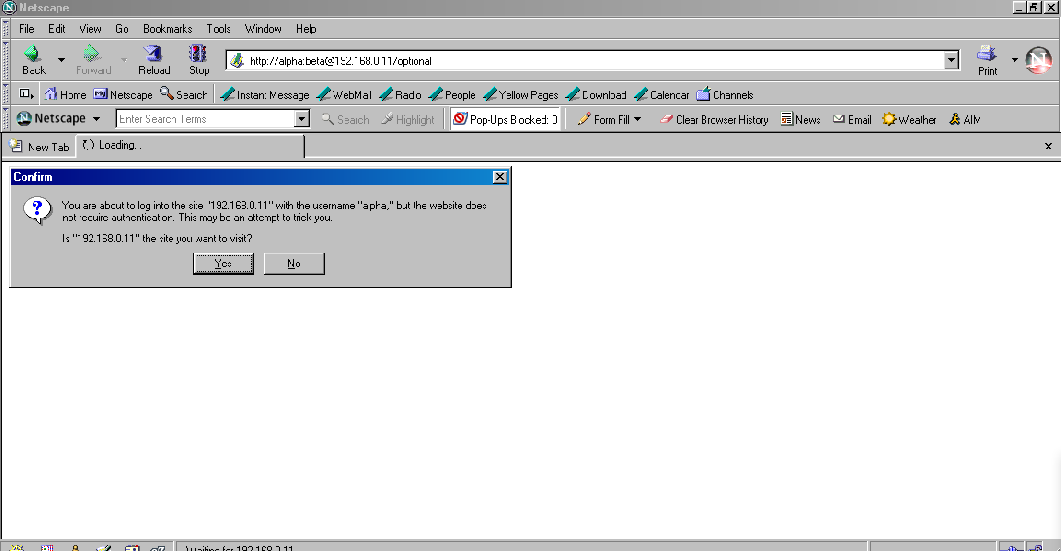 Full image of Screenshot showing Netscape 7.2, with a popup saying "You are about to log in to site 192.168.0.11 with the username alpha, but the website does not require authenticator. This may be an attempt to trick you." The username and password are visible in the address bar.