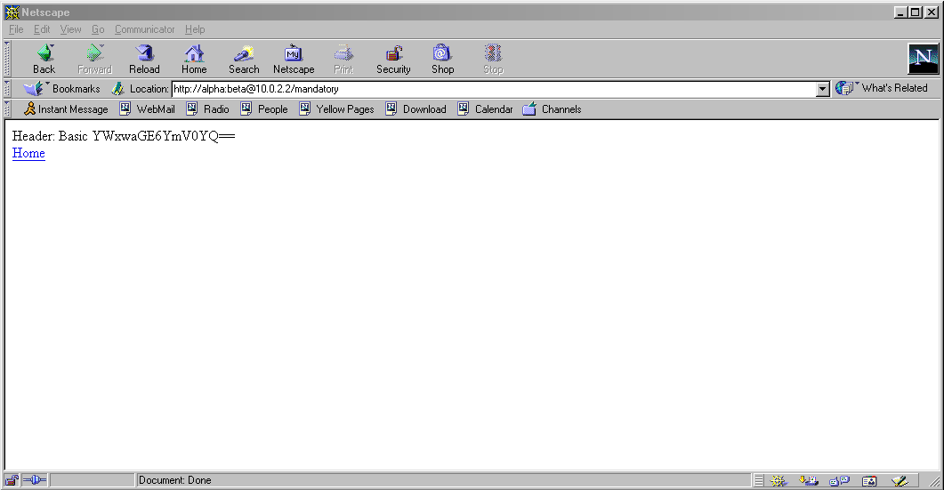 Full image of Netscape Communicator 4.7 showing credentials in a URL, passed to a server.