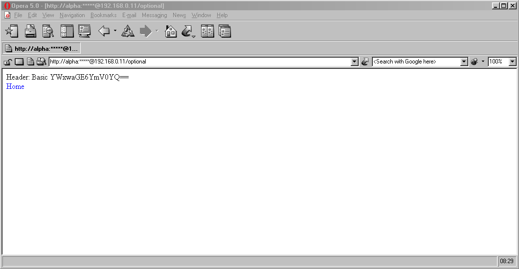 Full image of Screenshot of Opera 5 showing credentials in a web address with the password masked, being passed to the server on an optional page.