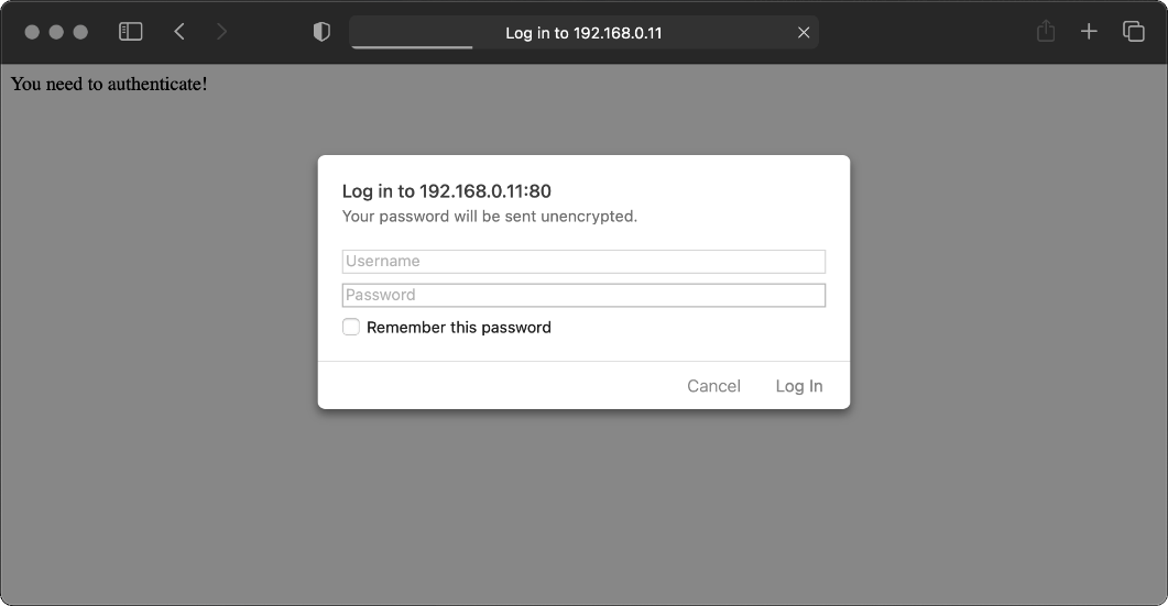 Full image of Safari showing a dialog "Log in" / "Your password will be sent unencrypted."