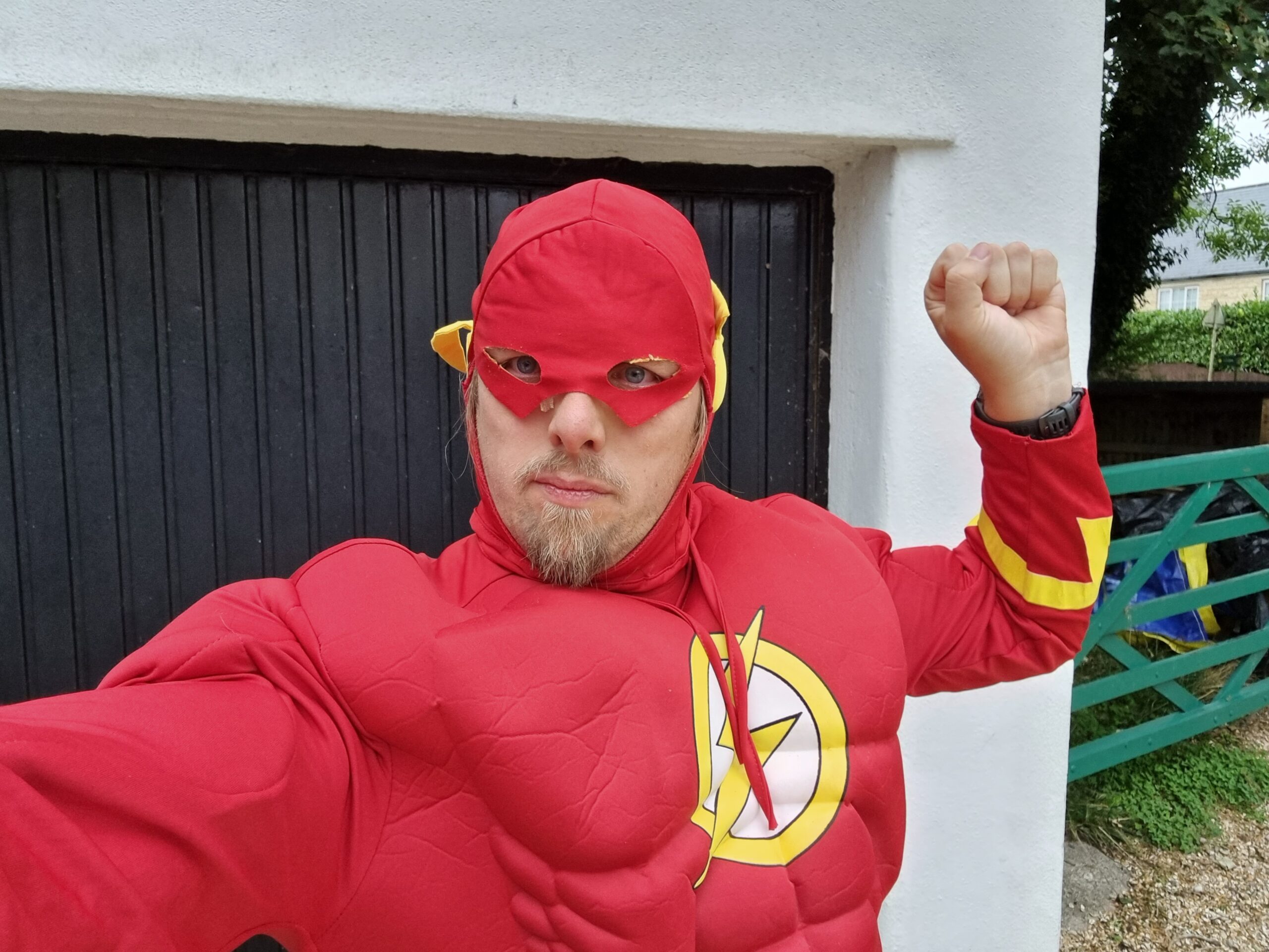 Full image of Dan dressed as The Flash