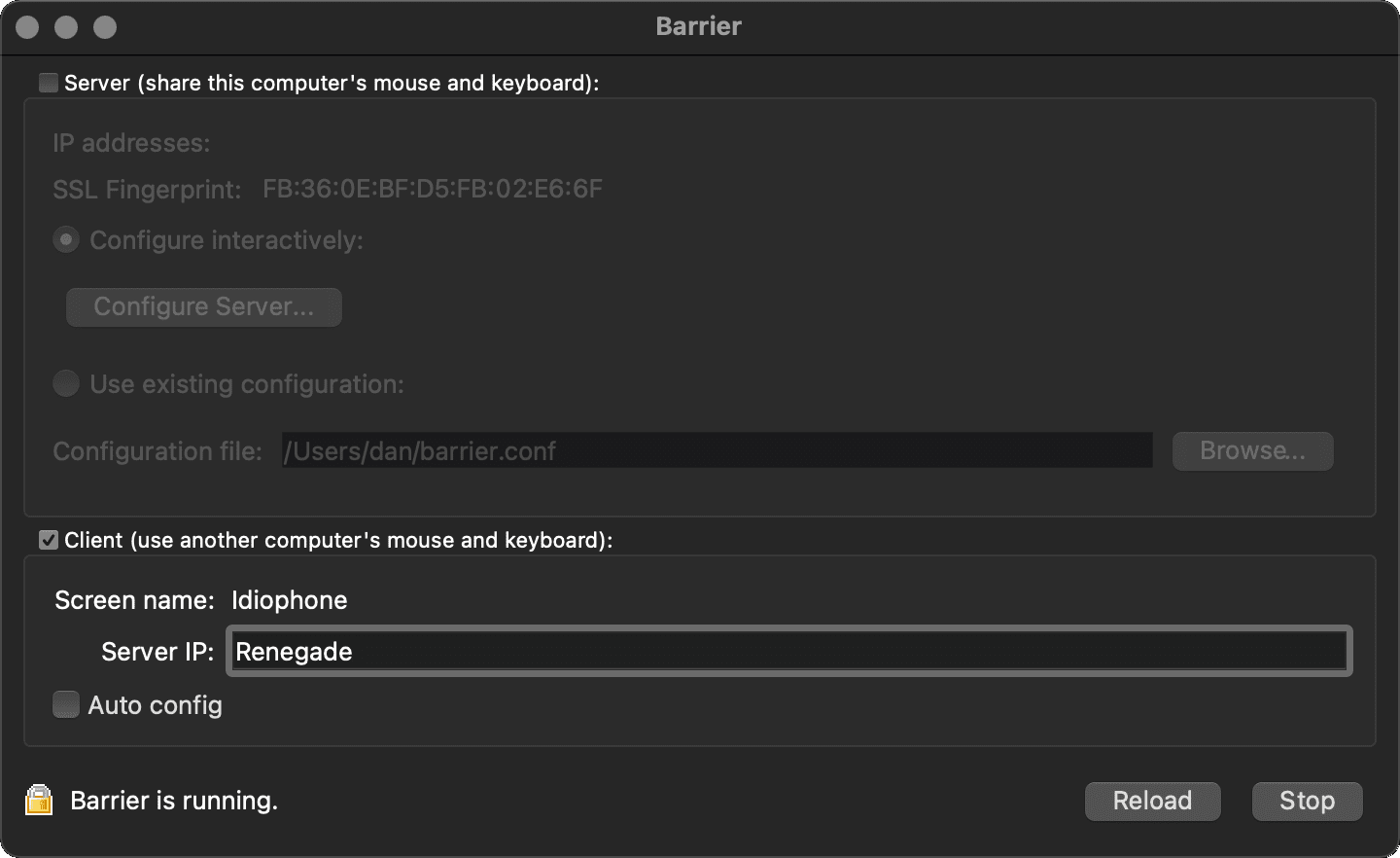 Full image of Screenshot showing Mac computer "Idiophone" being configured in Barrier to connect to server "Renegade".