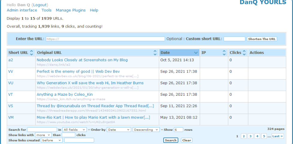 Screenshot of YOURLS interface showing Dan Q's list of shortened links. Six are shown of 1,939 total.