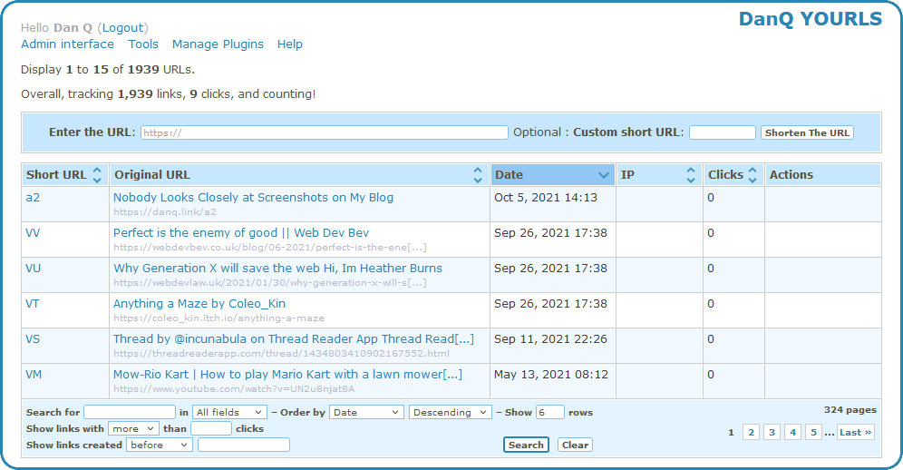 Screenshot of YOURLS interface showing Dan Q's list of shortened links. Six are shown of 1,939 total.