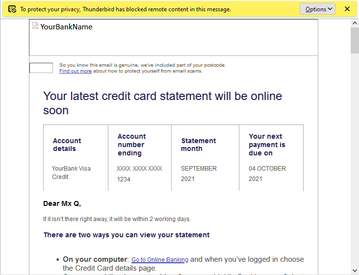 An email from a credit card provider; images aren't displayed, but their alt-text is visible and the email is perfectly understandable. At the top, a banner reads "To protect your privacy, Thunderbird has blocked remote content in this message."
