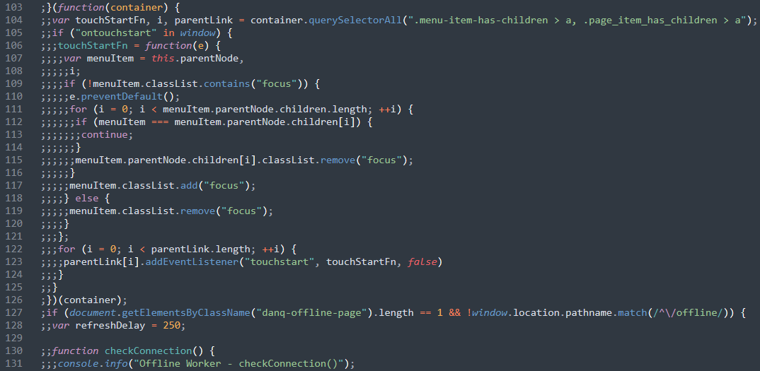 Full image of Screenshot of a block of Javascript code intended using semicolons rather than tabs or spaces.