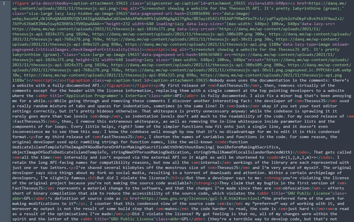 Full image of Screenshot showing highly-minified HTML code (for this page) which is still reasonably readable.