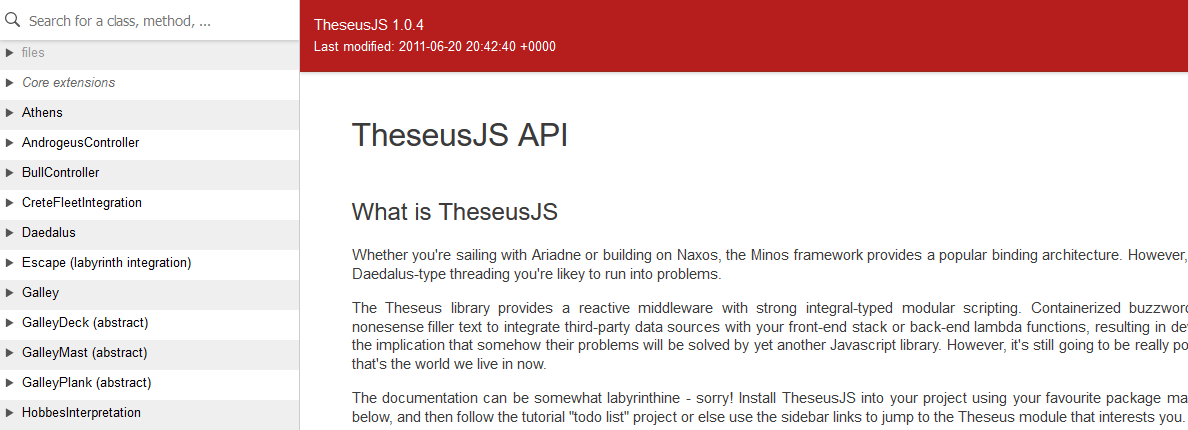 Full image of Screenshot showing a website for the TheseusJS API. It's pretty labyrinthine (groan).