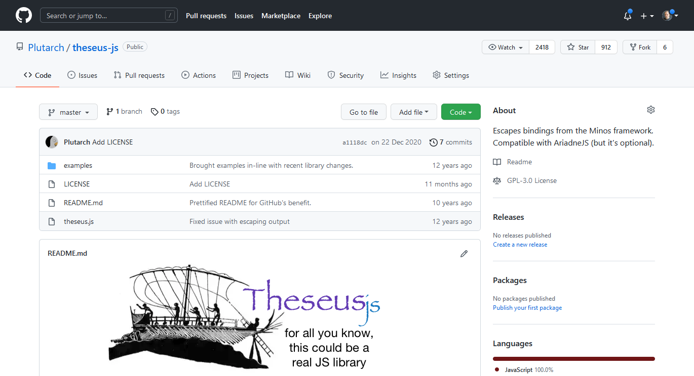 Full image of Screenshot showing TheseusJS's GitHub page. The project hasn't been updated in a year, and that was just to add a license: no code has been changed in 12 years.