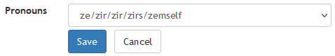 Three Rings' "Pronouns" drop-down, with "ze/zir/zir/zirs/zemself" selected.
