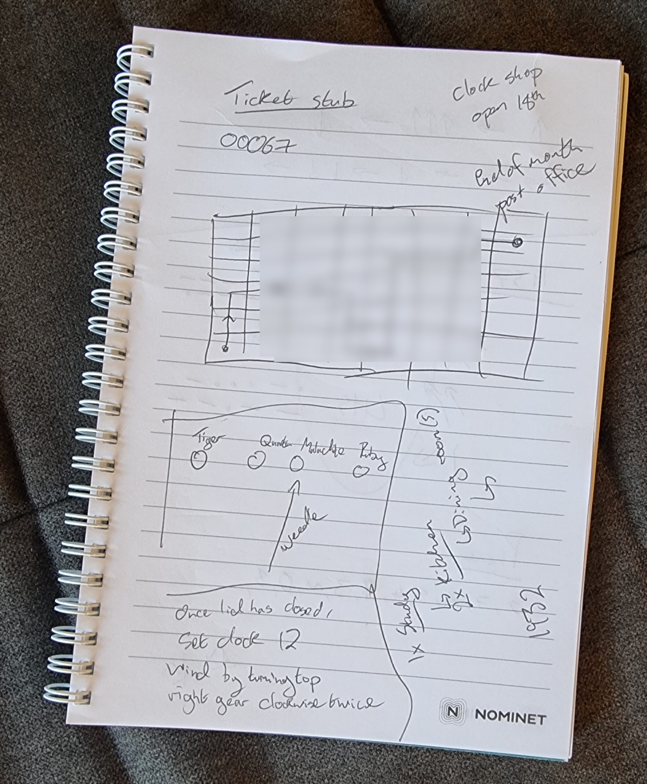 Full image of Nopepad showing handwritten notes including: "Ticket stub 00067", "Clock shop open 18th", and "Set clock 12".
