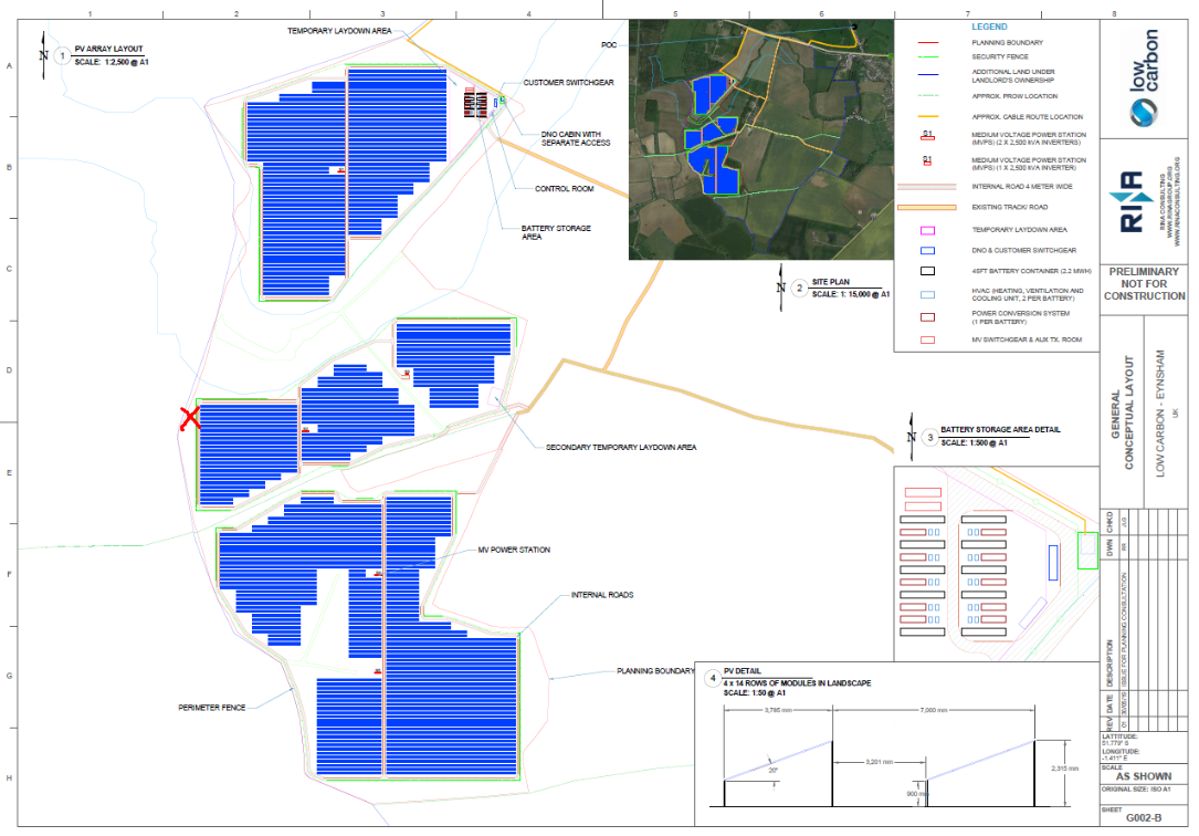 Full image of Site map of the Aurora Solar Farm with a red cross marking a presumed hashpoint just to the West of one of its panelled sections.