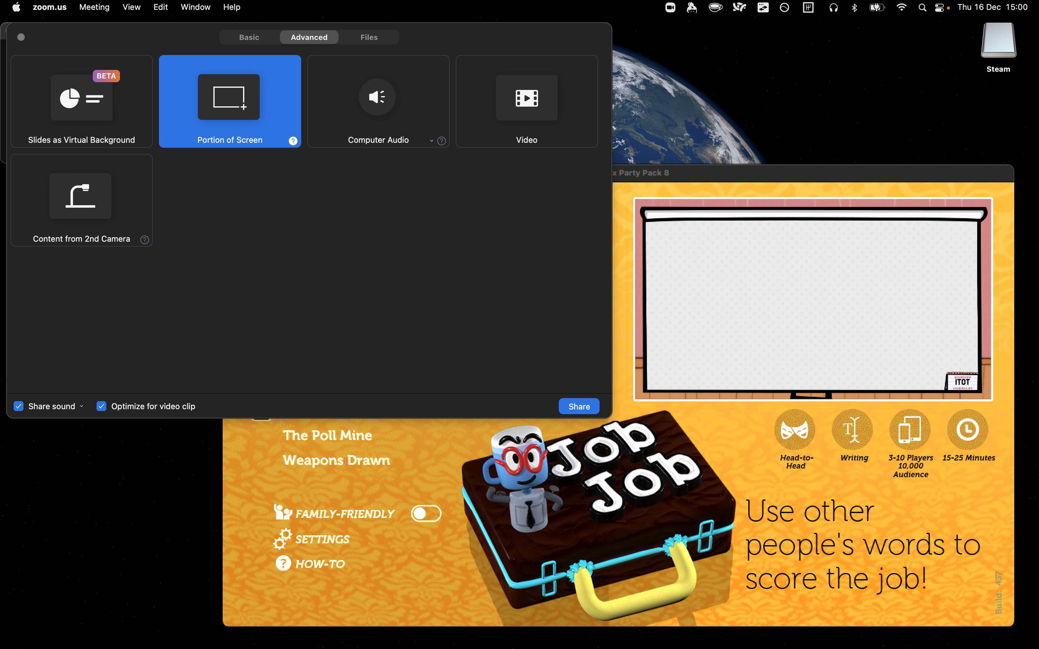 Full image of MacOS desktop showing a Jackbox game running and Zoom being configured to show a "portion of screen".