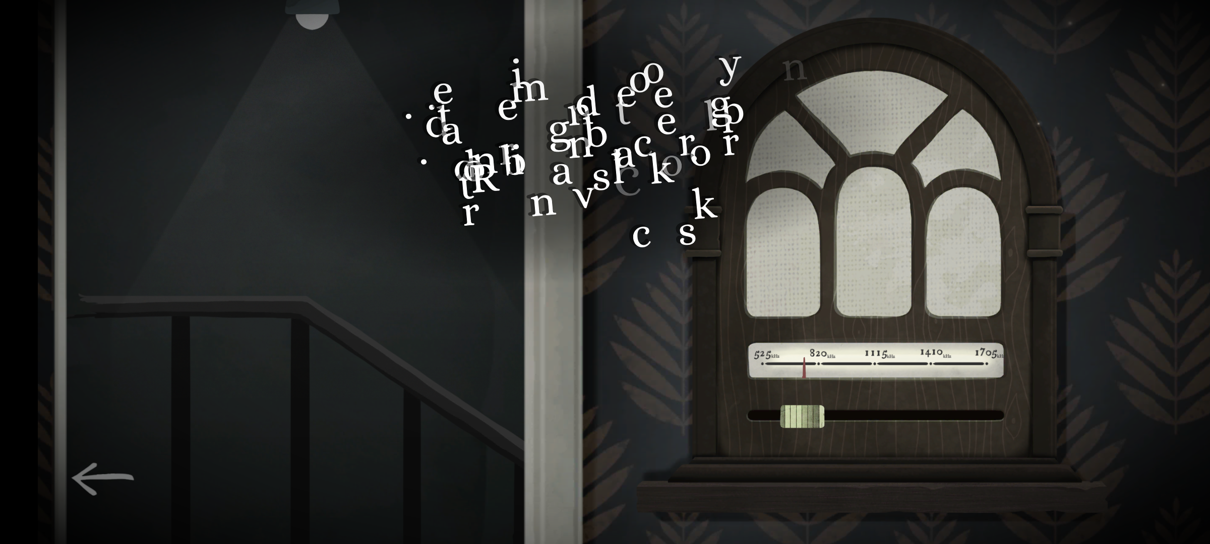 Full image of Screenshot from Tick Tock: an old-fashioned wireless radio set produces a scramble of letters in the air.