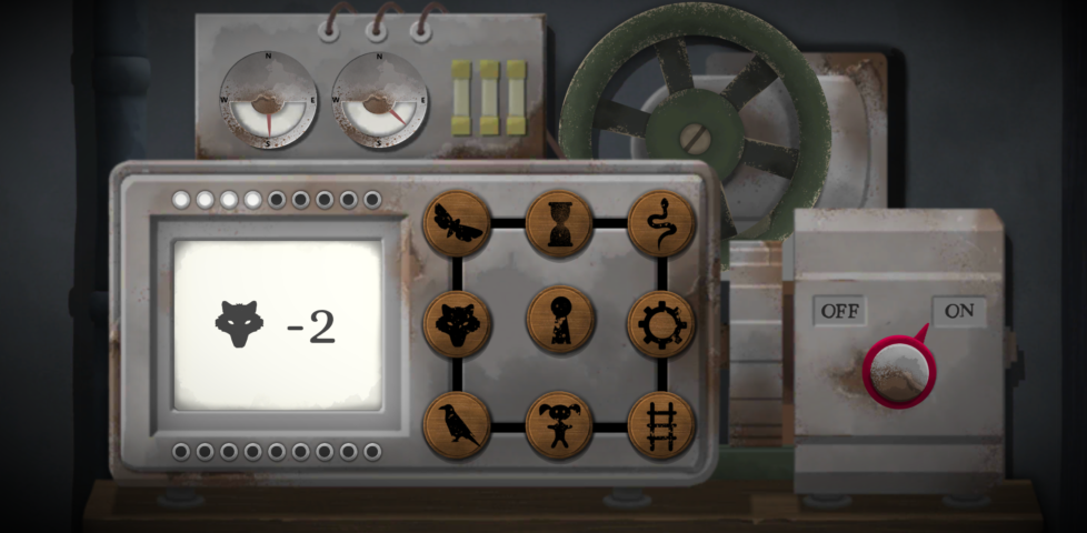 Tick Tock screenshot showing a mysterious machine with many buttons. The machine is switched on and the screen shows a wolf's head and the number "-2". The buttons show a bug, an hourglass, a snake, a wolf's head, a keyhole, a cog, a raven, a doll, and a section of railway track.