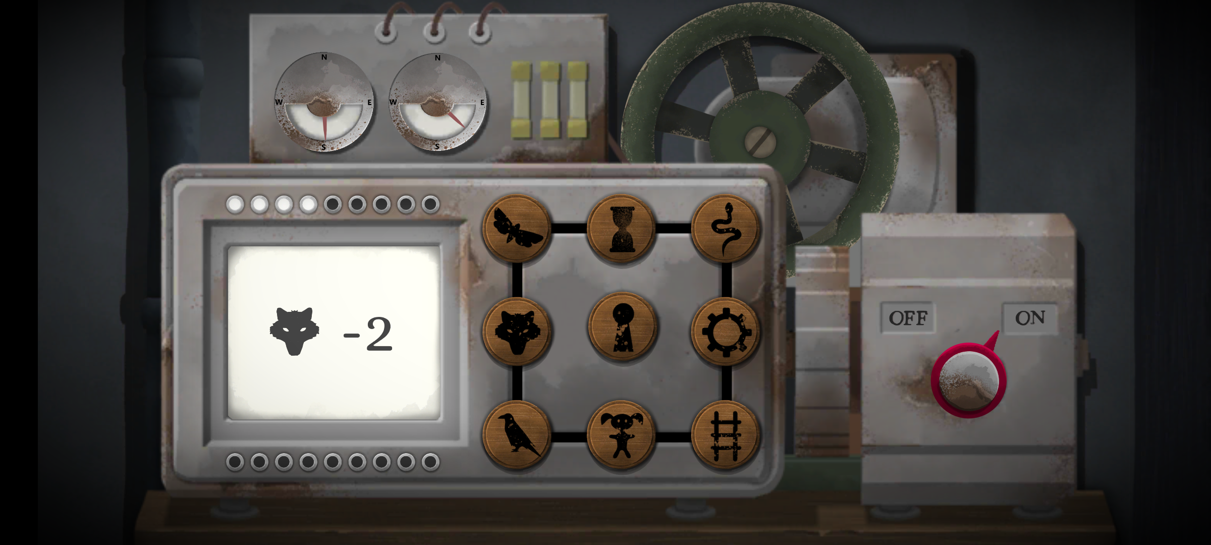 Full image of Tick Tock screenshot showing a mysterious machine with many buttons. The machine is switched on and the screen shows a wolf's head and the number "-2". The buttons show a bug, an hourglass, a snake, a wolf's head, a keyhole, a cog, a raven, a doll, and a section of railway track.