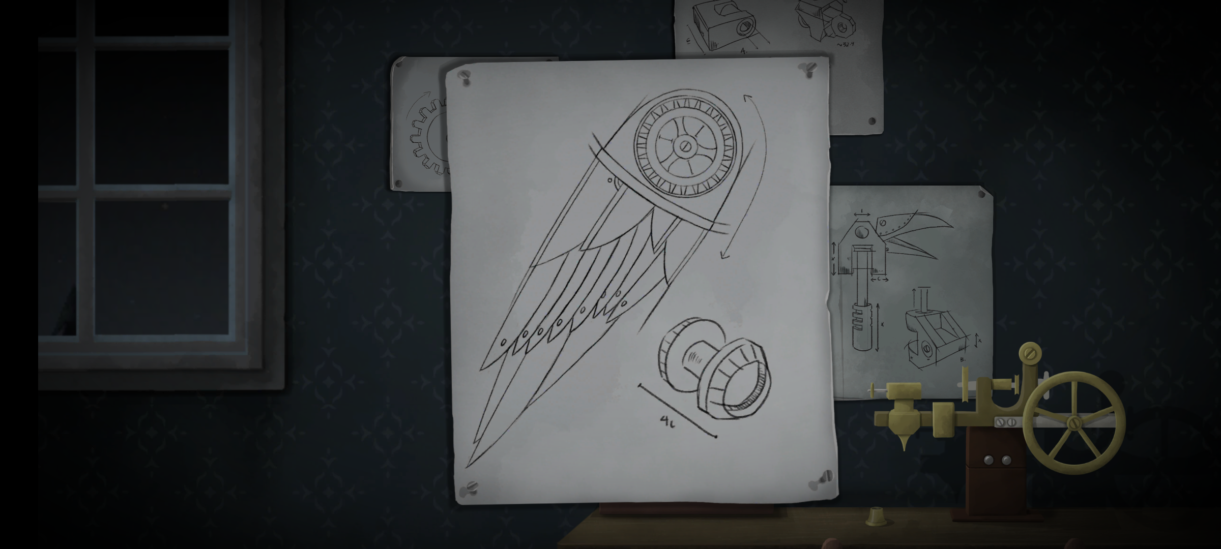 Full image of Tick Tock screenshot: among other documents, we examine a schematic for the construction of a mechanical raven's wing.