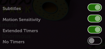 Jackbox accessibility settings: Subtitles, Motion Sensitivity, and Extended Timers are turned on.