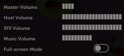 Jackbox settings screen showing Master Volume at 20%, Music Volume at 50%, and Full-screen Mode disabled