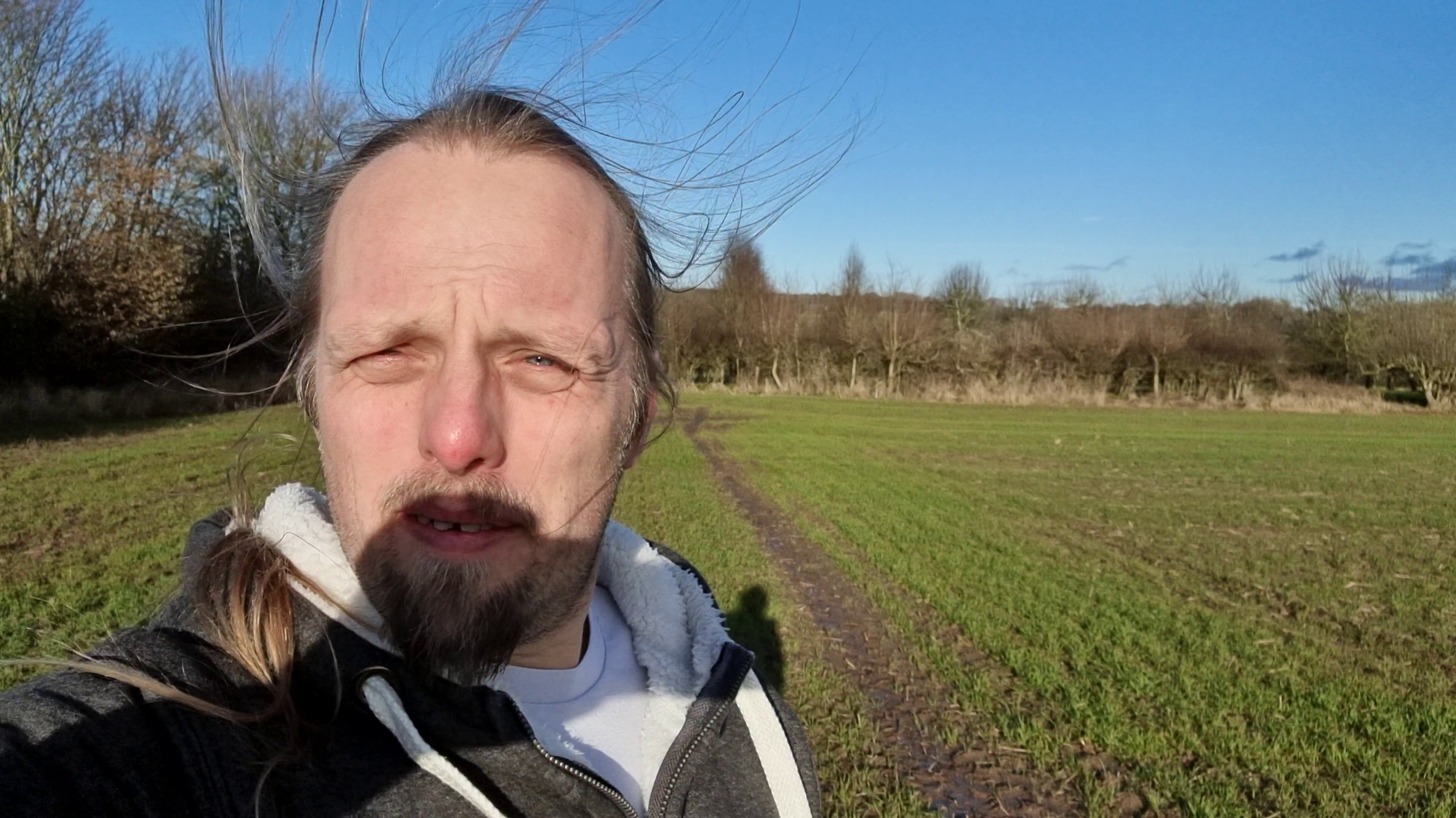 Full image of Dan, windswept, in a field